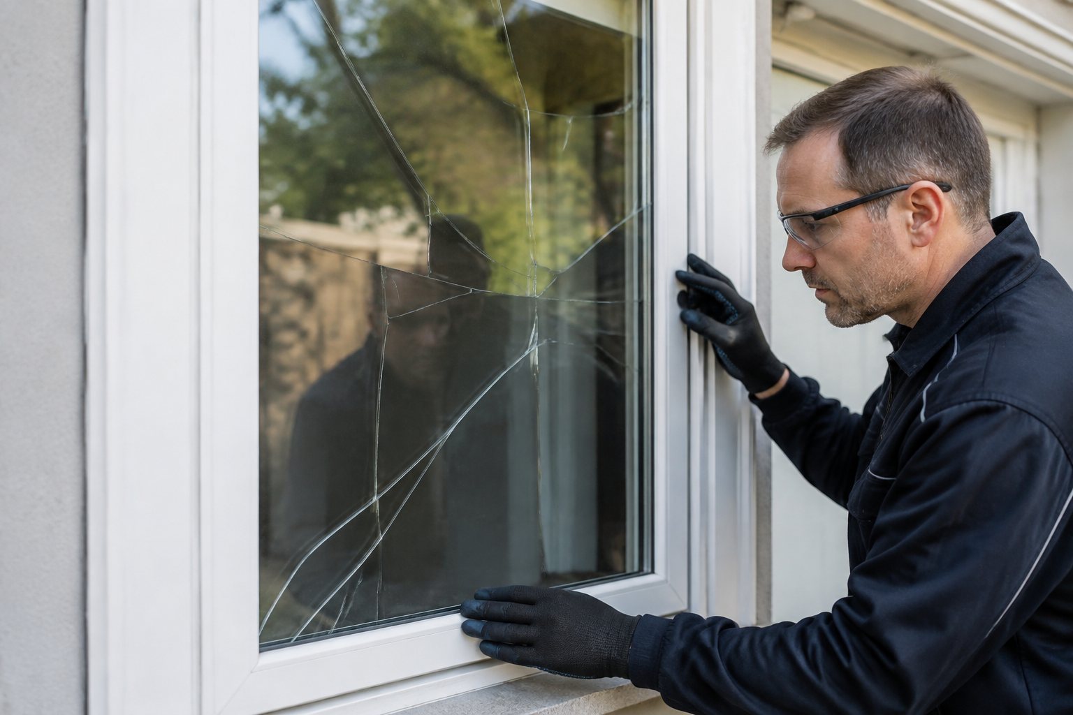 Glazier assessing a cracked window pane