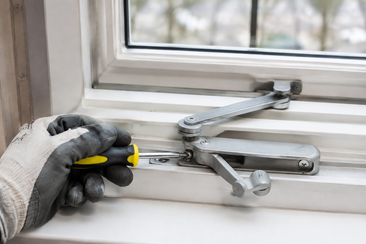 Technician repairing a casement window crank