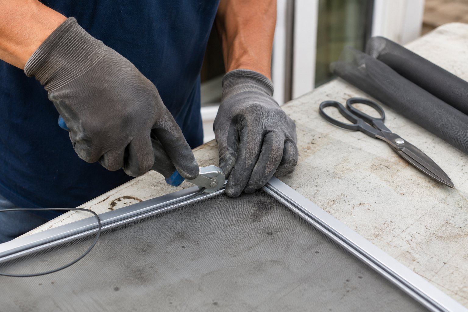 Technician securing insect screen mesh with a spline roller